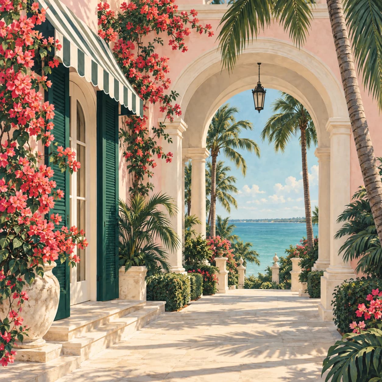 Original AI illustration of a fictional Palm Beach inspired courtyard, with palms, pink stucco and green shutters